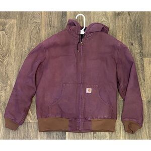 Women’s Carhartt Maroon Hooded Zip Duck Jacket J130 BRN with Brown Trim Sz M